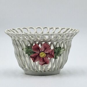 Vintage Capodimonte‎ Woven Latticed Basket Pink Flower 3D Intricate Charming